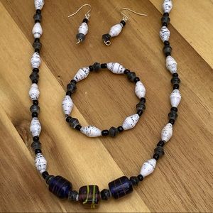 Handcrafted One of a Kind Artisan Recycled Glass and Paper Beads Jewelry Set